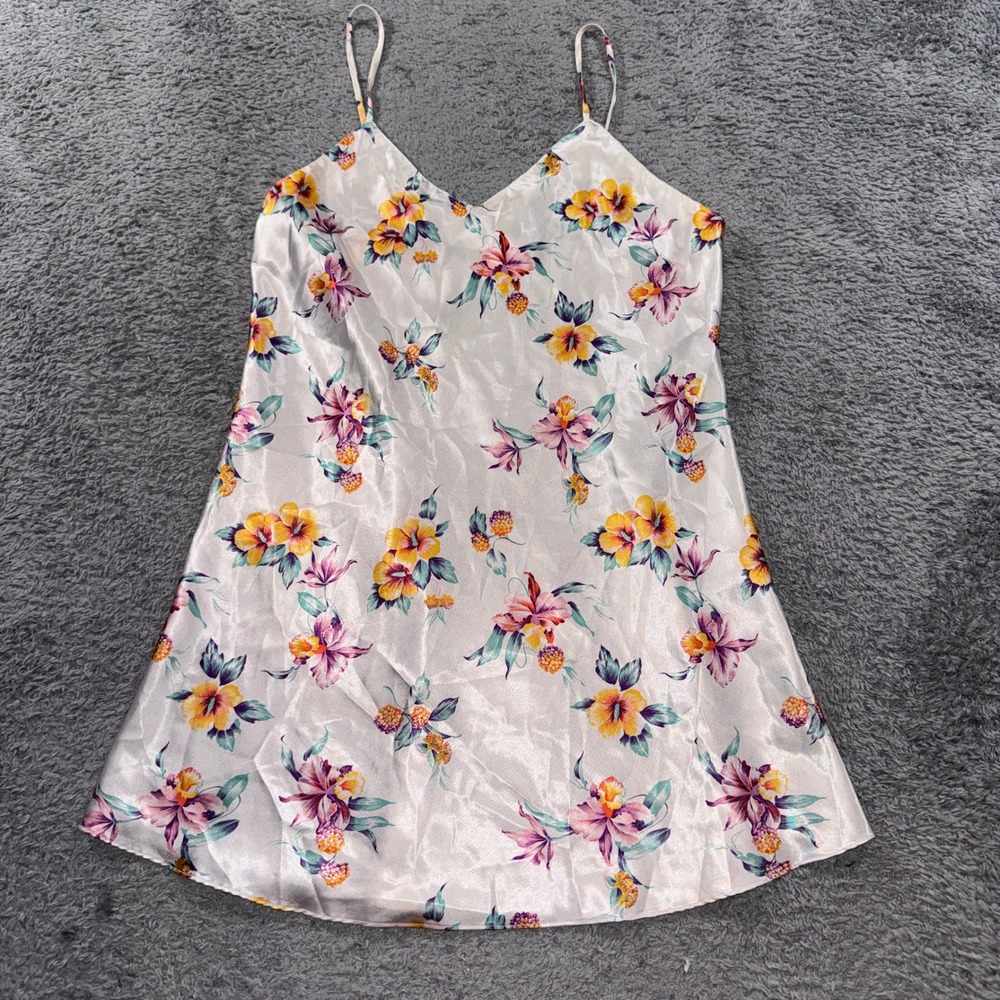Kathryn Womens Medium White Tropical Floral Satin Chemise Nightgown Sleepwear M